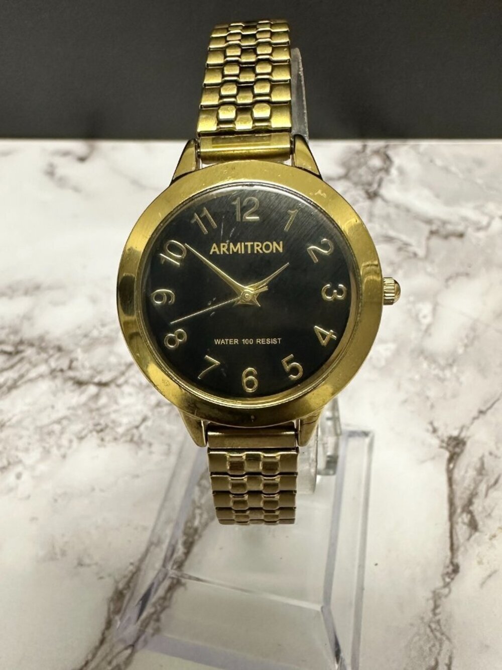 Armitron Watch Women Gold Tone Black Dial Stretch Band New Battery 6.75 Inch